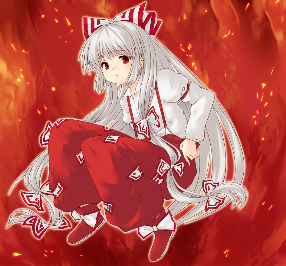 blush bow dress_shirt fujiwara_no_mokou hair_bow long_hair miyo_(ranthath) pants red_eyes ribbon shirt silver_hair solo suspenders touhou very_long_hair white_hair