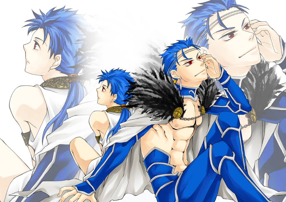 2boys armor blue_hair fate/stay_night fate_(series) lancer long_hair male multiple_boys ponytail red_eyes ryugun smile young zoom_layer