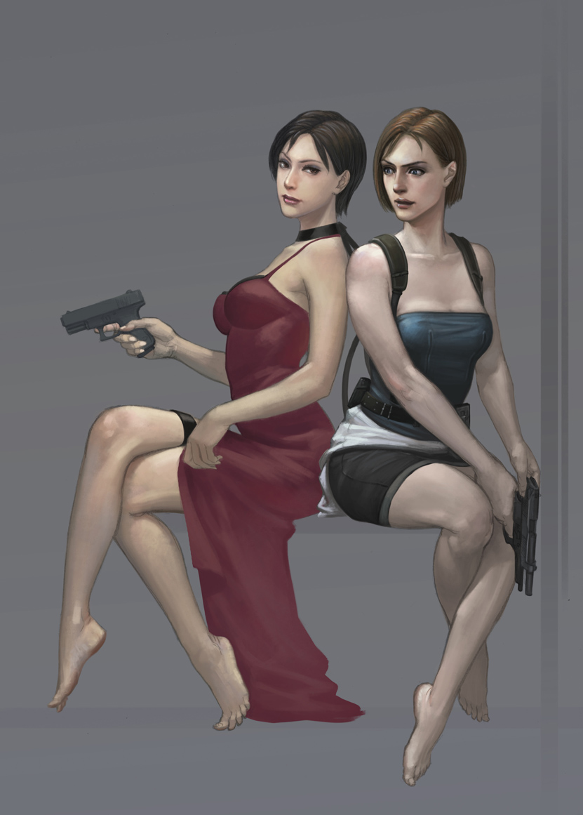 ada_wong back-to-back bare_shoulders barefoot belt beretta_92 black_hair blue_eyes brown_eyes brown_hair capcom choker crossed_legs dress feet female glock gun handgun jill_valentine legs_crossed lipstick miniskirt multiple_girls pistol racking_slide realistic red_dress resident_evil resident_evil_2 resident_evil_3 resident_evil_4 short_hair sitting skirt strapless thigh_strap tied_shirt trigger_discipline tubetop weapon xiaji