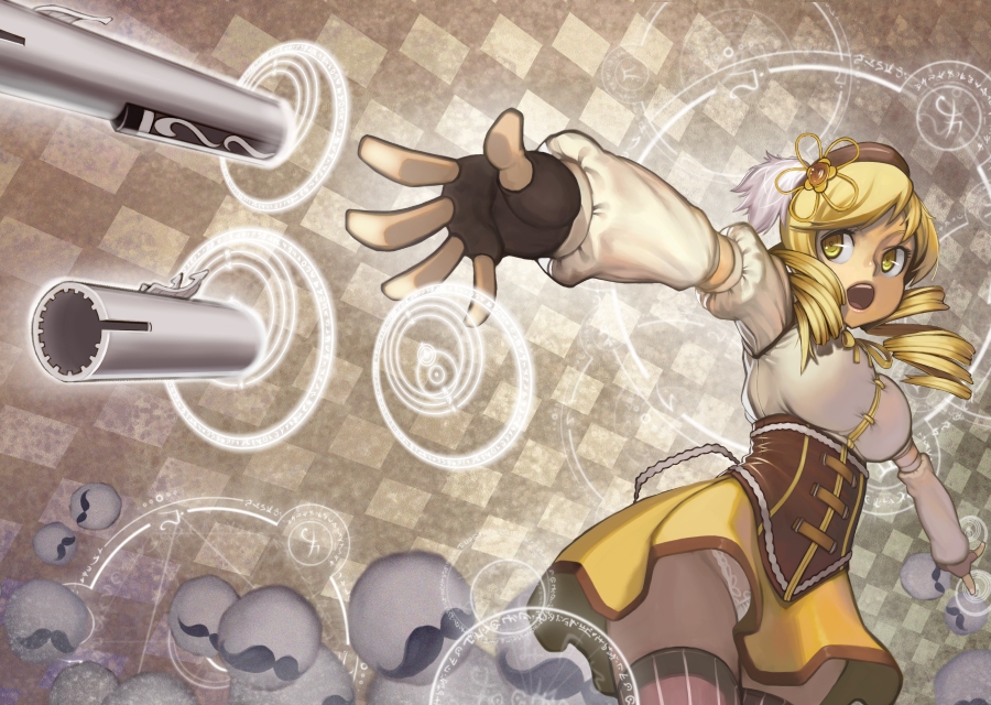 :o anthony_(madoka_magica) arm_warmers beret blonde_hair brown_legwear checkered checkered_background detached_sleeves drill_hair facial_hair fingerless_gloves foreshortening gate_of_babylon gloves gun hair_ornament hairpin hat long_hair magic_circle magical_girl magical_musket mahou_shoujo_madoka_magica mustache open_mouth outstretched_arms outstretched_hand panties pantyshot pleated_skirt puffy_sleeves ribbon rifle ringlets short_sleeves skirt solo spread_arms teeth thigh-highs thighhighs tomoe_mami twin_drills underwear vertical-striped_legwear vertical_stripes weapon yellow_eyes yuksi zettai_ryouiki