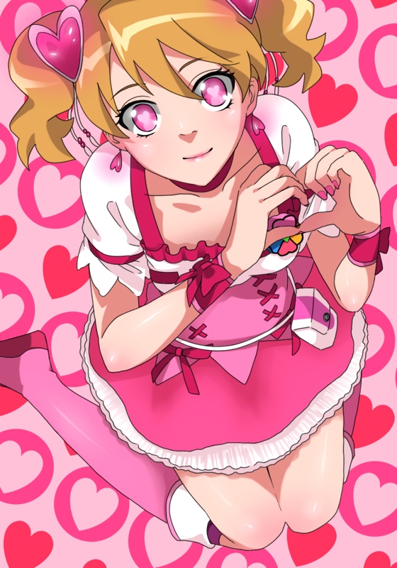 boots bow brown_hair choker cure_peach dress earrings fresh_precure! hair_ornament hairpin heart heart-shaped_pupils heart_hands jewelry kneeling magical_girl momozono_love pink_eyes precure ribbon rocd short_hair smile solo symbol-shaped_pupils twintails