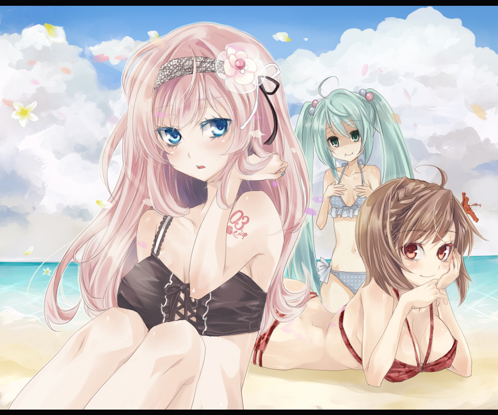 bandeau beach bikini breast_envy breasts brown_hair cleavage cloud clouds colored_eyelashes eyelashes flower frilled_bikini frills front-tie_top hair_flower hair_ornament halter_top halterneck hatsune_miku looking_at_viewer lying megurine_luka meiko mikippa on_stomach pink_hair shaded_face swimsuit twintails vocaloid