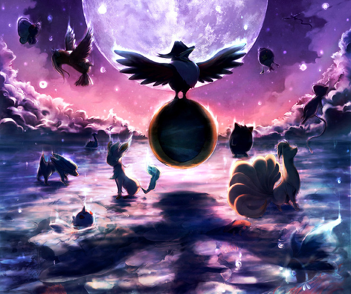 articuno artist_request bird butterfree cloud clouds dark dragonair drifblim electrike flying gengar goldeen helmet honchkrow kabuto kabuto_(pokemon) lapras leafeon lumineon mew moon ninetales no_humans pidgeot pidgeotto planet pokemon pokemon_(creature) purple sitting water wings