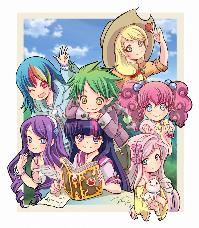 5girls 6+girls :3 :d ;d ahoge angel_(my_little_pony) applejack aqua_eyes arm_up artist_request bangs bare_shoulders blonde_hair blue_eyes blue_hair blunt_bangs book bow bracelet bunny cloud clouds cowboy_hat day everyone fang feathers fluttershy frills front_ponytail gem green_eyes green_hair hair_bobbles hair_ornament hairband hairclip hat heart highlights holding hoodie jacket jewelry jpeg_artifacts leaning lightning_bolt long_hair looking_at_viewer low-tied_long_hair male multicolored_hair multiple_girls my_little_pony my_little_pony:_friendship_is_magic my_little_pony_friendship_is_magic open_mouth paper personification pink_hair pinkie_pie ponytail puffy_sleeves purple_eyes purple_hair rabbit rainbow_dash rainbow_hair rarity red_eyes ringlets scarf school_uniform serafuku shorts signature sleeves_rolled_up smile source_request spike_(my_little_pony) swept_bangs tareme tsurime twilight_sparkle twintails v violet_eyes waiwaiwai western wink writing zipper