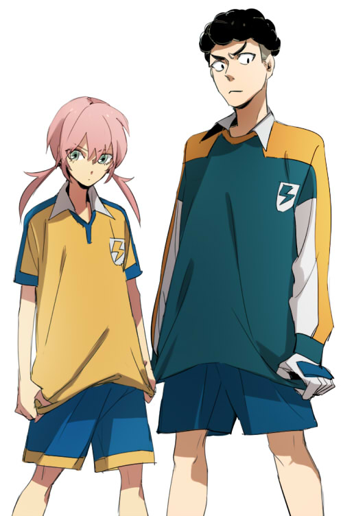 afro bad_id black_eyes green_eyes hiroaki_(angie) inazuma_eleven inazuma_eleven_(series) inazuma_eleven_go kirino_ranmaru long_hair male multiple_boys pink_hair sangoku_taichi short_hair soccer_uniform twintails