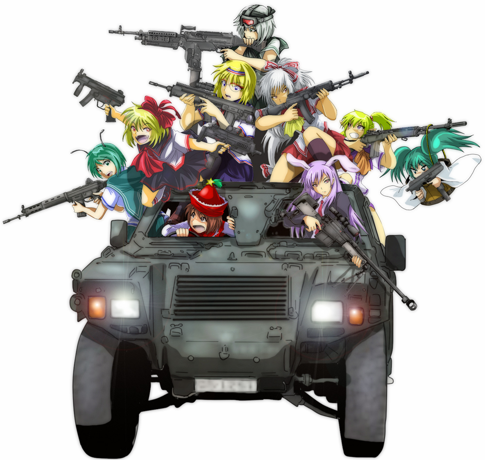 ai_aw-50 ak47 alice_margatroid an-94 animal_ears antennae anti-materiel_rifle armored_vehicle ascot assault_rifle battle_rifle bespectacled bipod blonde_hair blue_eyes brown_eyes bucket bunny_ears cheytac_intervention contemporary dual_wielding fn_fal fn_mag fn_minimi fujiwara_no_mokou girl_in_bucket glasses goggles goggles_on_head green_eyes green_hair gun h&amp;k_mp5k h&amp;k_mp7 hair_ribbon hairband hat howa_type_89 in_bucket in_container junkei kel-tec_rfb kisume kneehighs konpaku_youmu long_hair lyrica_prismriver m14 mini_uzi mizuhashi_parsee mp5k multiple_girls ponytail purple_eyes purple_hair red_eyes reisen_udongein_inaba ribbon rifle rumia school_uniform scope serafuku short_hair silver_hair skirt sniper_rifle steyr_tmp submachine_gun tavor21 tmp touhou trigger_discipline twintails vehicle weapon wriggle_nightbug youkai