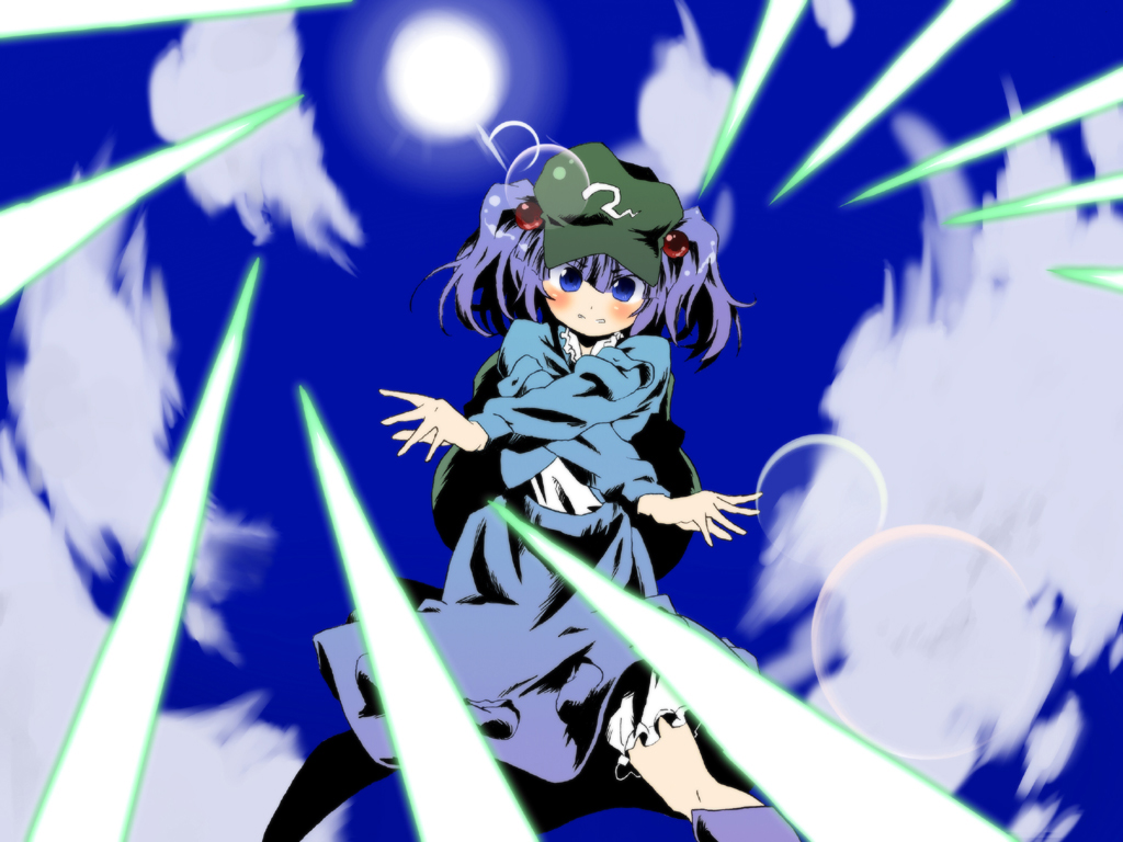 backpack bag blue_eyes blue_hair blush clenched_teeth cloud clouds crossed_arms danmaku hair_bobbles hair_ornament hat kawashiro_nitori randoseru short_hair sky solo sun touhou twintails yudepii yuderupii