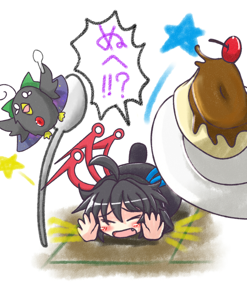 asymmetrical_wings bird black_hair blush bow cape cherry chibi closed_eyes dress eyes_closed falling fang food fruit houjuu_nue on_ground open_mouth plate pudding reiuji_utsuho reiuji_utsuho_(bird) rindou_(p41neko) short_hair spoon star touhou wings