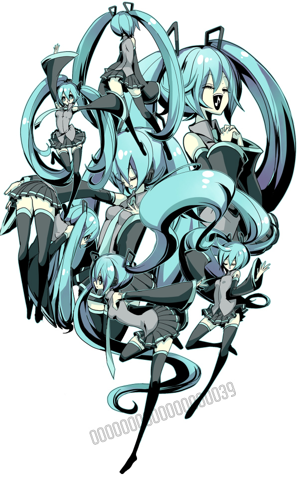 aqua_hair bad_id detached_sleeves hatsune_miku long_hair manbou_no_ane musical_note necktie open_mouth singing skirt smile thigh-highs thighhighs twintails very_long_hair vocaloid zettai_ryouiki