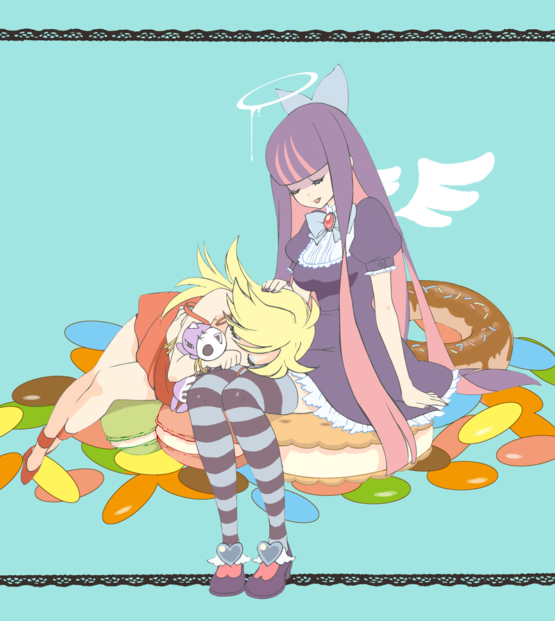 angel angel_wings blonde_hair bow candy closed_eyes dessert donut doughnut dress food hair_bow halo hand_on_head honekoneko_(psg) ikuji-san jewelry lap_pillow lying mako_(ikuji-san) multicolored_hair multiple_girls panty_&amp;_stocking_with_garterbelt panty_(character) panty_(psg) siblings sisters sitting sleeping stocking_(character) stocking_(psg) striped striped_legwear striped_thighhighs sweets thighhighs two-tone_hair wings