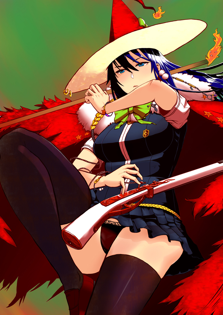 black_legwear black_panties blue_hair bracelet cape fire gun hat jewelry kagari_ayaka long_hair panties pleated_skirt school_uniform skirt solo thigh-highs thighhighs underwear weapon witch witch_craft_works witch_hat zettai_ryouiki