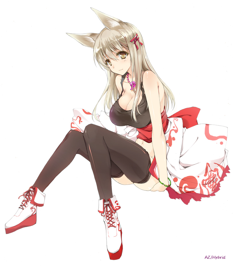 black_legwear blonde_hair breasts fox_ears grey_eyes hair_ornament jewelry large_breasts legs long_hair necklace no_panties original sitting skirt skirt_up sleeveless sleeveless_shirt solo thigh-highs thighhighs torii won_(az_hybrid)