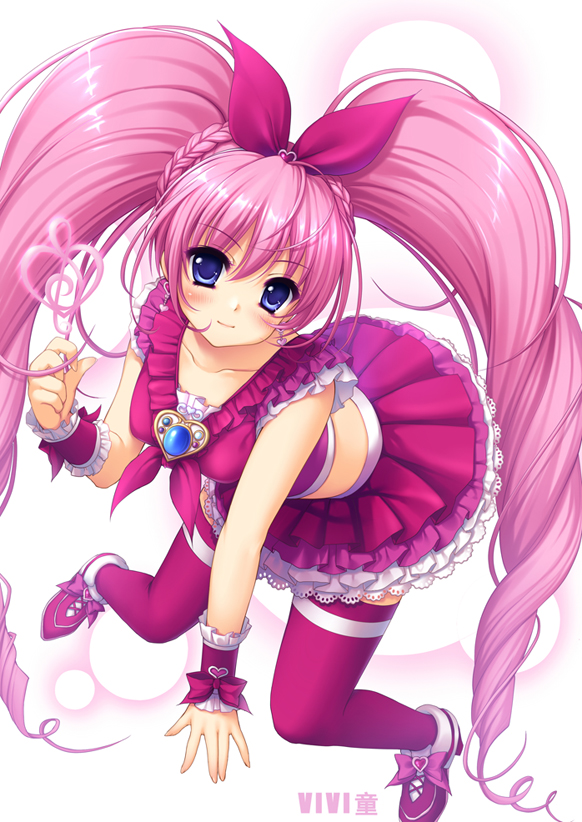 blue_eyes blush brooch cure_melody hair_ribbon heart houjou_hibiki jewelry long_hair magical_girl midriff musical_note pink_hair precure ribbon skirt smile solo suite_precure thigh-highs thighhighs twintails vivi_tong wrist_cuffs