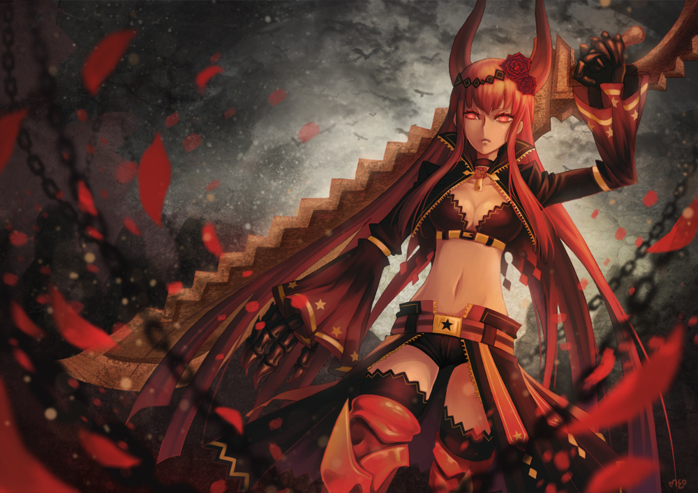 1girl black_gold_saw black_rock_shooter breasts chain cleavage holding_sword holding_weapon horns long_hair navel red_eyes redhead short_shorts shorts solo very_long_hair