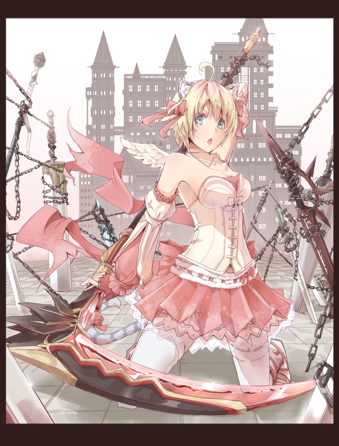 animal_ears arm_behind_back bare_shoulders blonde_hair blue_eyes border bow chain chains corset detached_sleeves eida@renshuuchuu fantasy_earth_zero fingerless_gloves gloves hair_bow huge_weapon jewelry kneeling necklace open_mouth pleated_skirt scythe skirt solo sword thigh-highs thighhighs weapon white_legwear