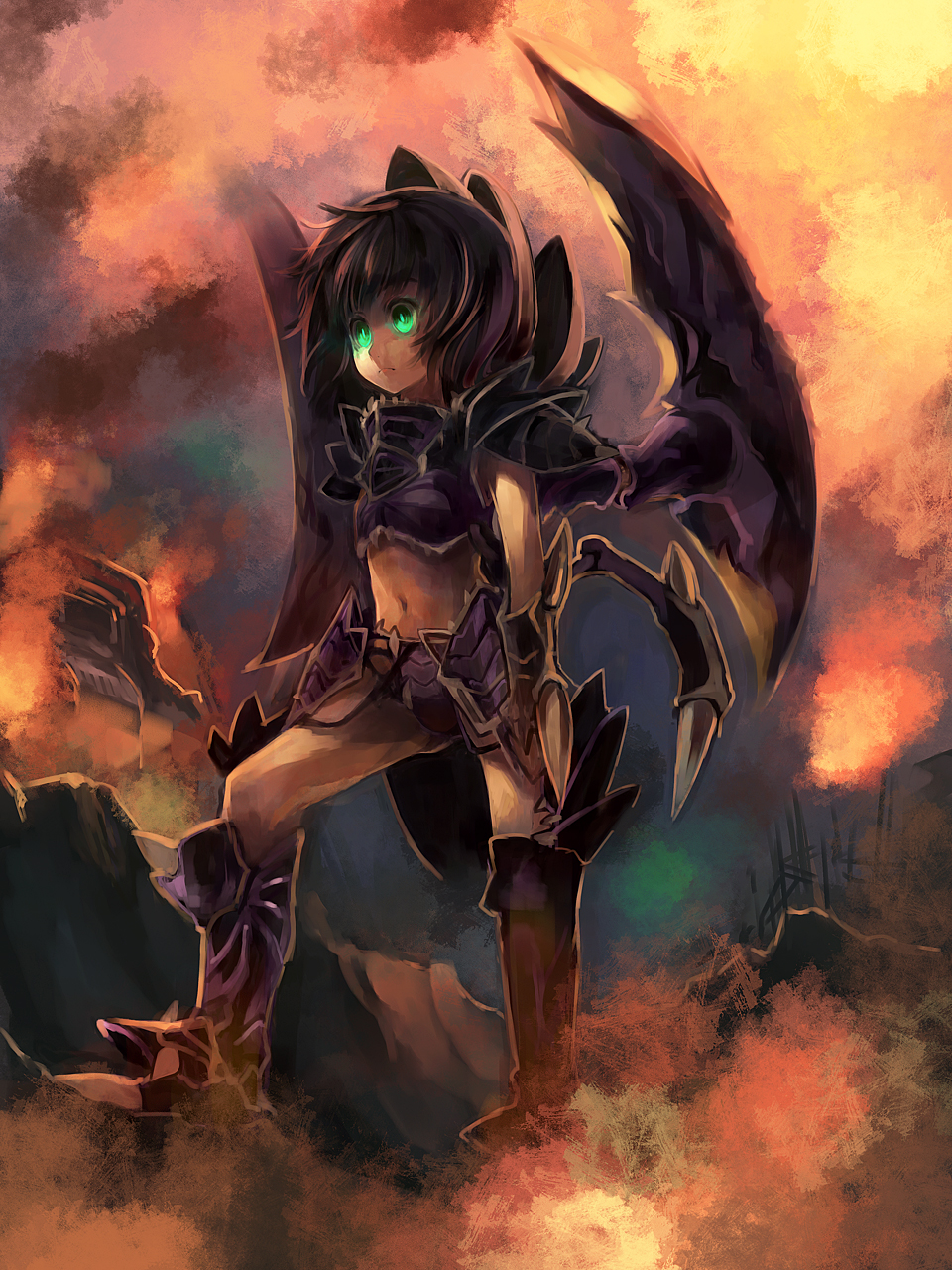 bikini boots glowing glowing_eyes green_eyes highres horns midriff personification roach_(starcraft_2) solo starcraft starcraft_2:_wings_of_liberty swimsuit ukyo_rst wings zerg_roach