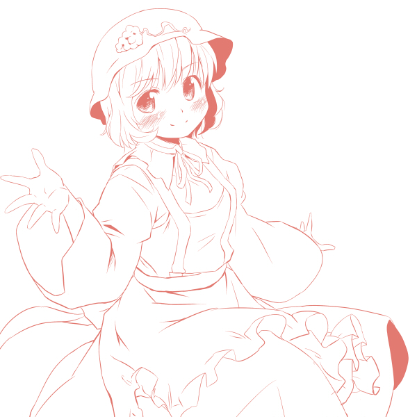 aki_minoriko arm_up blush dress face food fruit grapes hat monochrome short_hair smile solo touhou yudepii yuderupii