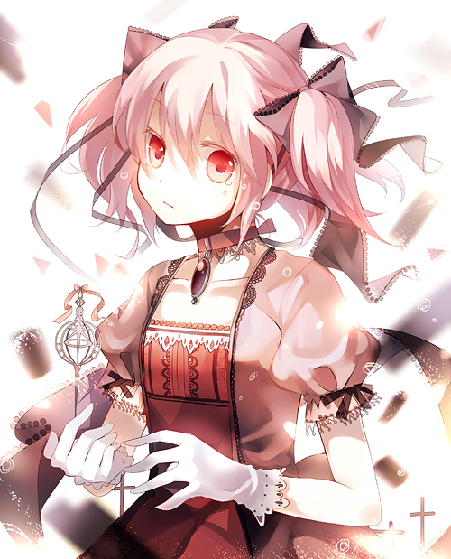 bad_id bow choker dark_persona dhiea gloves grief_seed hair_ribbon jewelry kaname_madoka kriemhild_gretchen mahou_shoujo_madoka_magica personification pink_hair puffy_sleeves red_eyes ribbon sad short_hair short_twintails solo soul_gem spoilers tears twintails white_gloves