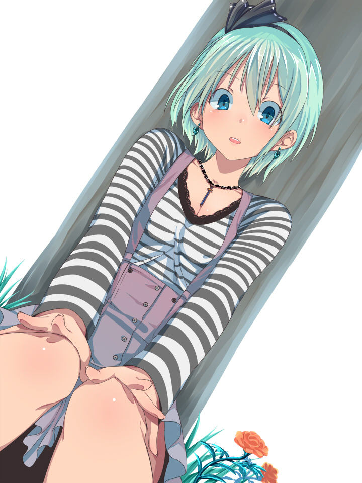 ant_of_spirit aqua_eyes blue_eyes blush casual contemporary dutch_angle earrings face flower hair_ribbon hairband jewelry konpaku_youmu long_sleeves magatama necklace overalls ribbon shirt short_hair silver_hair simple_background sitting solo striped striped_shirt stripped suspenders touhou tree