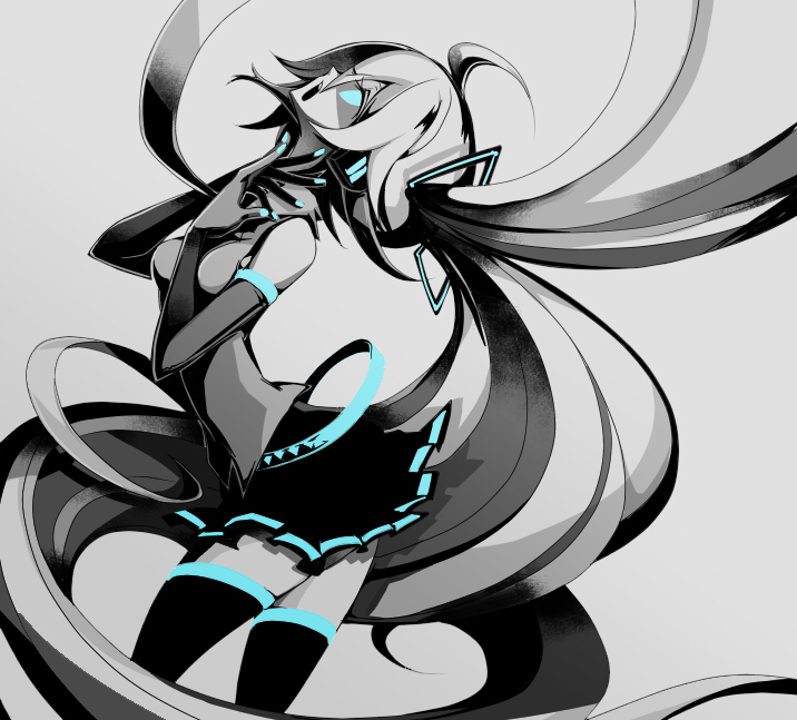 aqua_eyes bad_id elbow_gloves gloves glowing glowing_eyes hatsune_miku headphones long_hair manbou_no_ane monochrome necktie open_mouth singing skirt solo spot_color thigh-highs thighhighs twintails very_long_hair vocaloid zettai_ryouiki