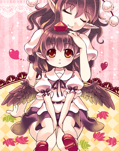 age_difference black_hair black_wings blush brown_hair child closed_eyes douji dress dual_persona eyes_closed hand_on_head hat mother mother_and_daughter multiple_girls petting pointy_ears red_eyes shameimaru_aya sitting skirt smile touhou v_arms white_dress wings young