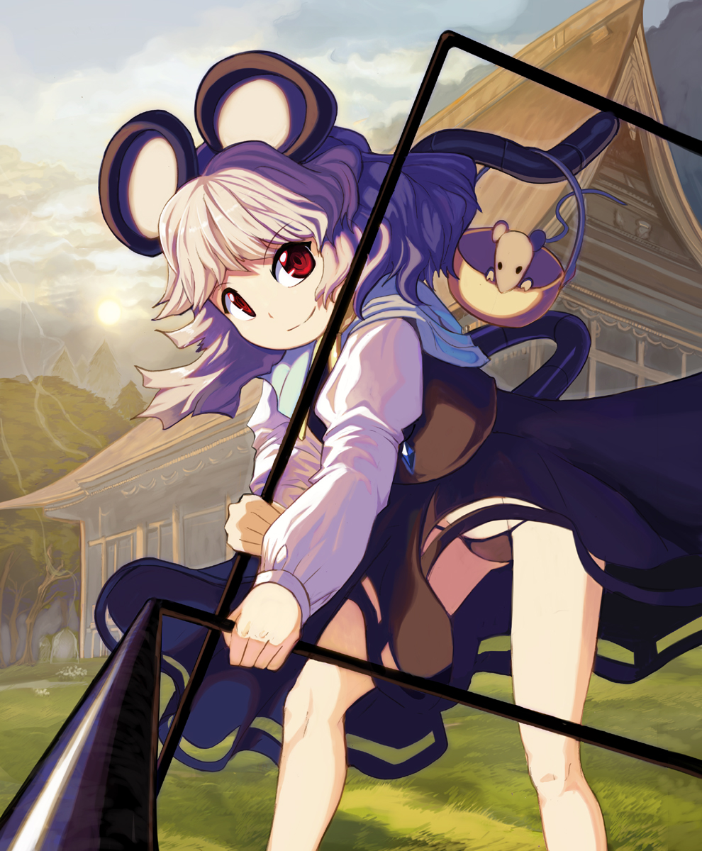 animal_ears basket black_panties brown_dress cloud clouds dowsing_rod dowsing_rods dress forest highres jewelry lightning mouse mouse_ears mouse_tail nature nazrin panties pendant red_eyes shope short_hair silver_hair smile solo tail touhou underwear upskirt
