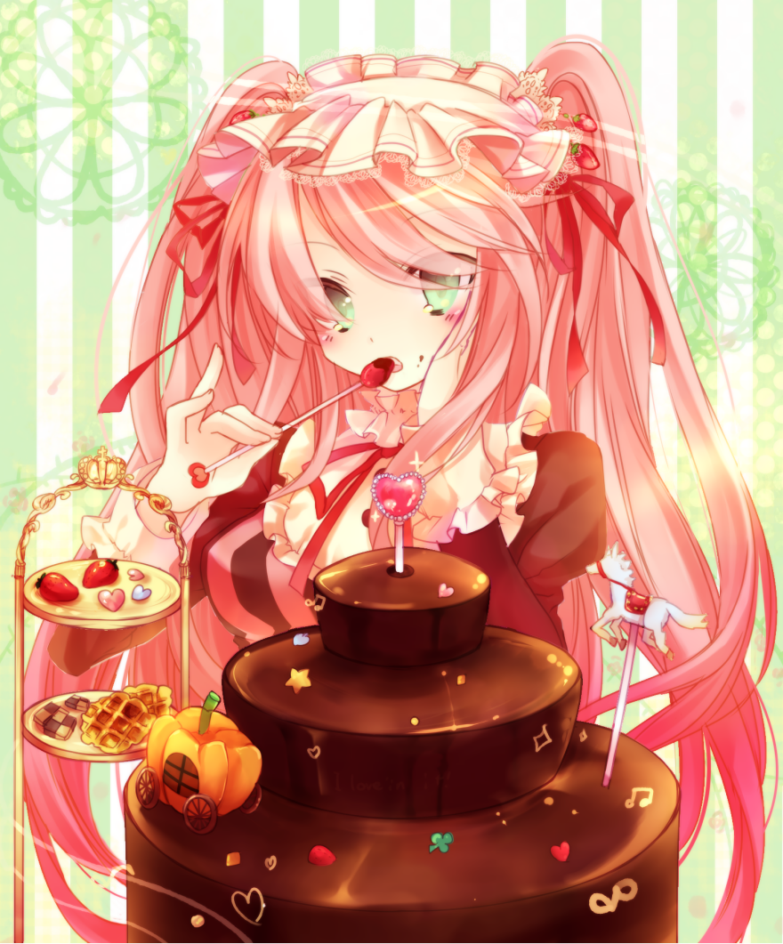 1girl cake cake_decoration carriage checkerboard_cookie chocolate chocolate_cake cookie food food_themed_clothes fruit ibara_riato lolita_fashion pink_hair solo strawberry sweets twintails waffle