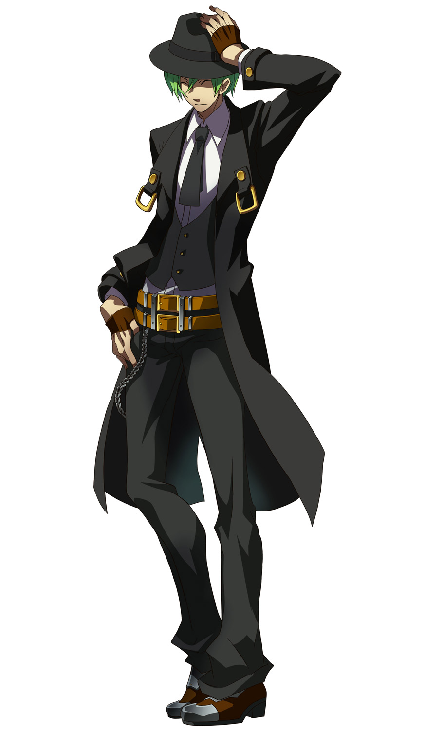 ^_^ belt blazblue chain closed_eyes fedora fingerless_gloves formal gloves green_hair hand_on_head hand_on_hip hat hazama highres katou_yuuki male mori_toshimichi necktie official_art pants short_hair simple_background smile solo standing suit trench_coat vest