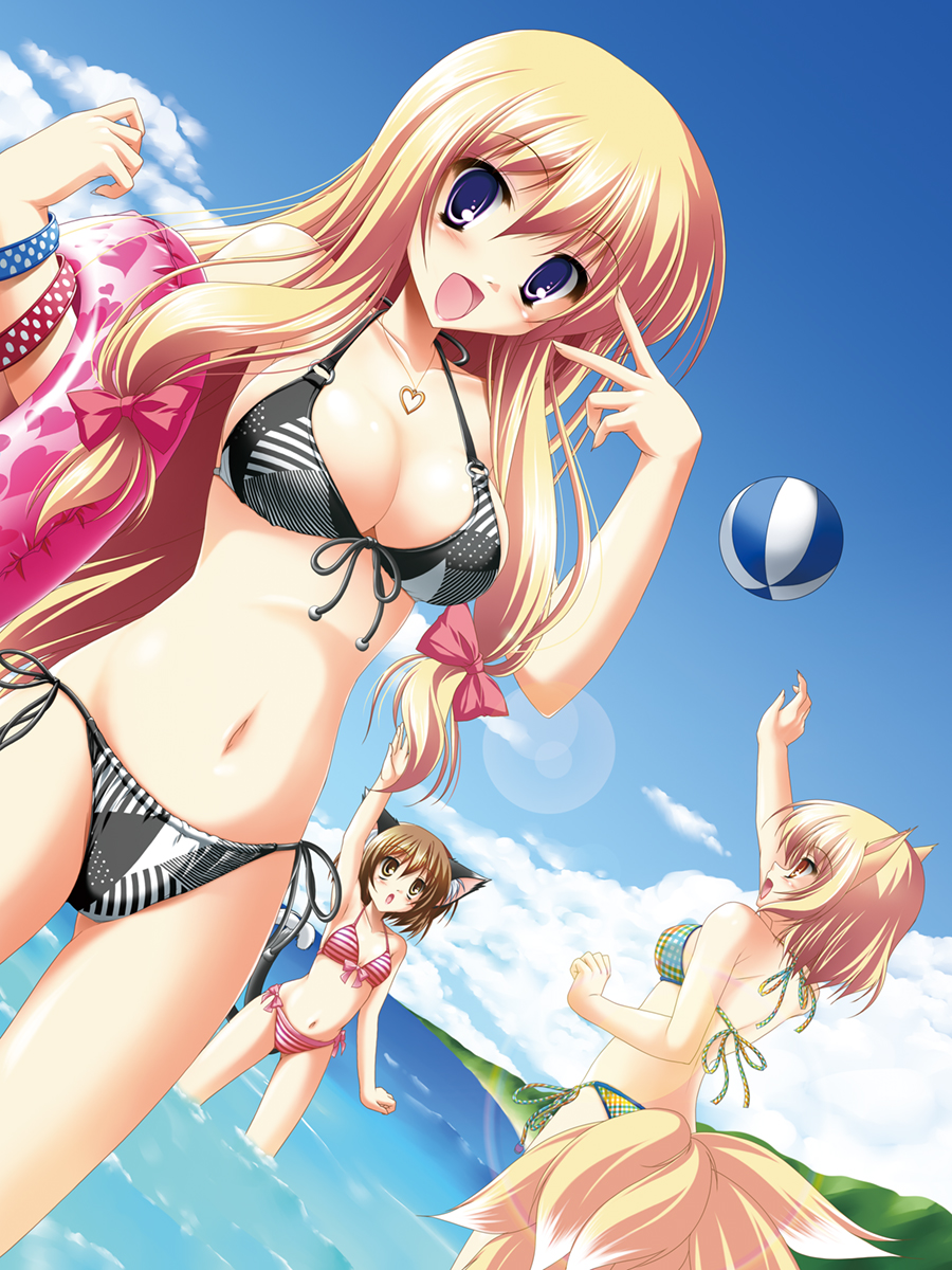 ball beachball bikini blonde_hair breasts brown_hair cat_ears cat_tail chen cleavage cloud fox_ears fox_tail front-tie_top hair_ribbon heart heart_print highres innertube jewelry kamiya_tomoe lens_flare long_hair multiple_tails navel necklace o-ring_top open_mouth purple_eyes ribbon short_hair side-tie_bikini sky smile striped striped_bikini striped_swimsuit swimsuit swimsuit tail touhou v v_over_eye wading water yakumo_ran yakumo_yukari