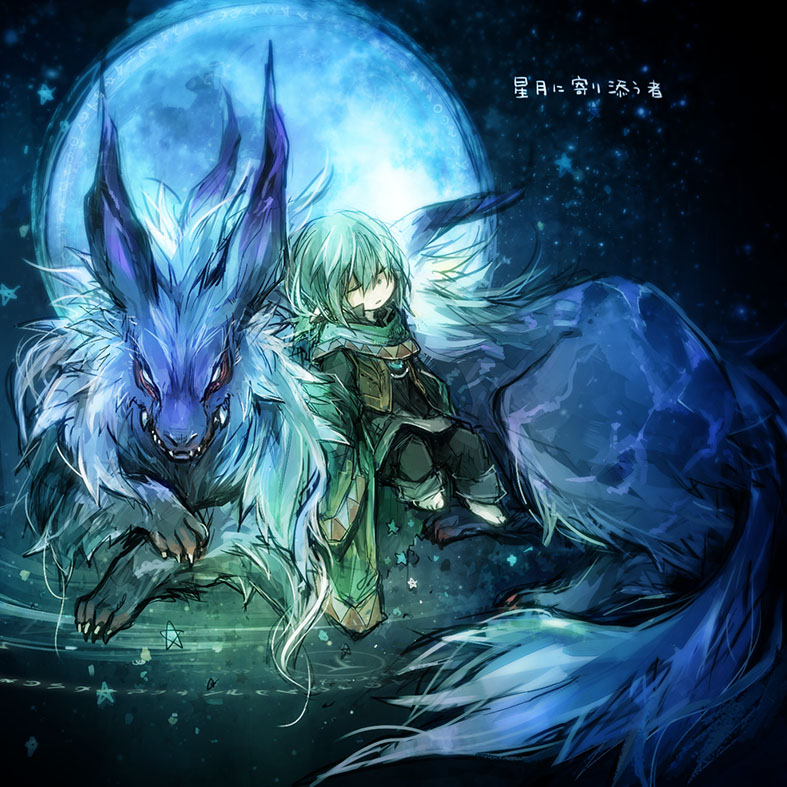 animal dark_background demon final_fantasy final_fantasy_xi fox fujiwara_akina green_hair moon pointy_ears short_hair tarutaru