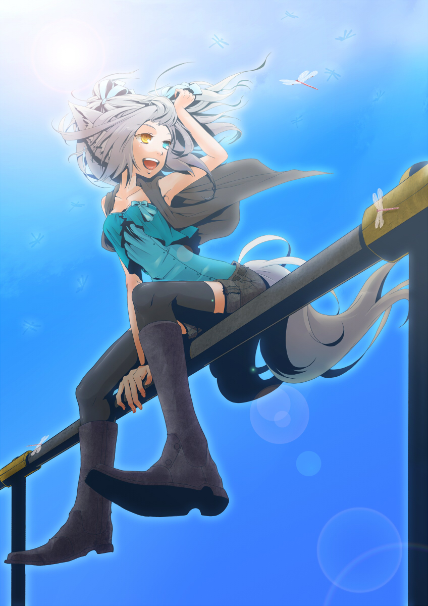 armpits bad_id dragonfly grey_hair hands heterochromia highres legs open_mouth original plastick sitting tail thigh-highs thighhighs zerokichi
