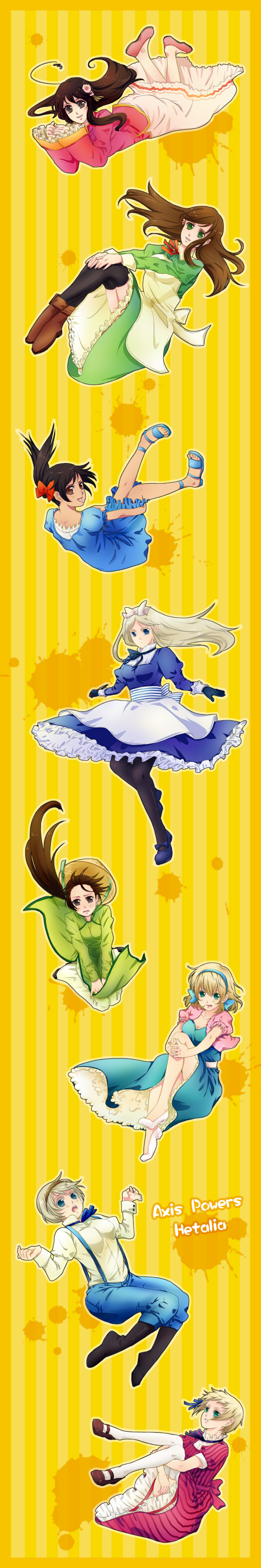 apron axis_powers_hetalia belarus_(hetalia) belgium_(hetalia) black_hair blonde_hair blue_eyes boots brown_eyes brown_hair dress falling flats flower gloves green_eyes hair_flower hair_ornament hair_ribbon hairband hat hetalia_axis_powers high_heels highres hungary_(hetalia) ken_a_jian knife liechtenstein_(hetalia) lingko27 long_hair mary_janes overalls pantyhose petticoat ribbon sandals seychelles seychelles_(hetalia) shoes short_hair straw_hat striped taiwan_(hetalia) thigh-highs thighhighs ukraine_(hetalia) vietnam_(hetalia)