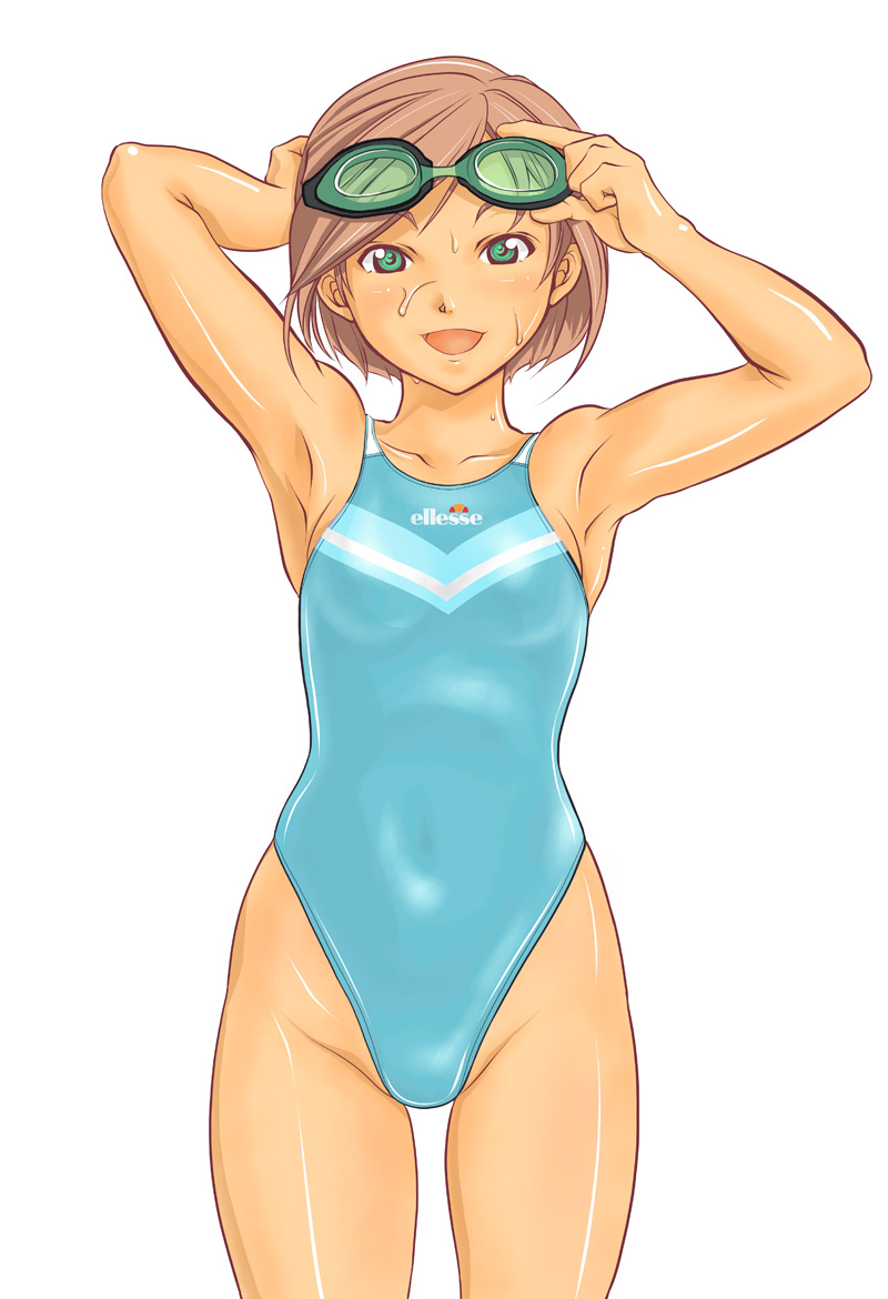 armpits brown_hair competition_swimsuit ellesse face goggles goggles_on_head green_eyes one-piece_swimsuit original shoko_(moccom) short_hair smile solo swimsuit wet