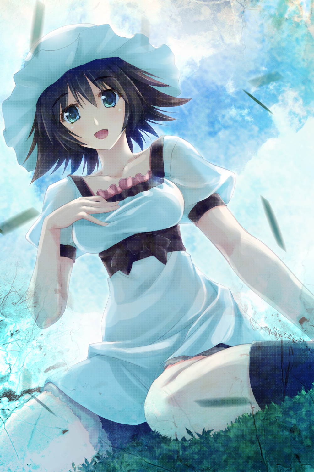 dress green_eyes hat highres maichaso open_mouth shiina_mayuri short_hair shorts sitting smile solo steins;gate wariza