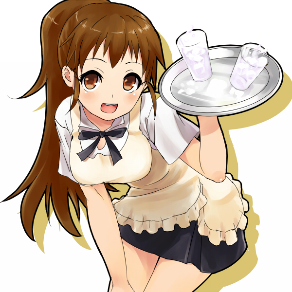 brown_hair drink long_hair open_mouth pennel ponytail ribbon skirt smile solo taneshima_popura tray waitress working!!