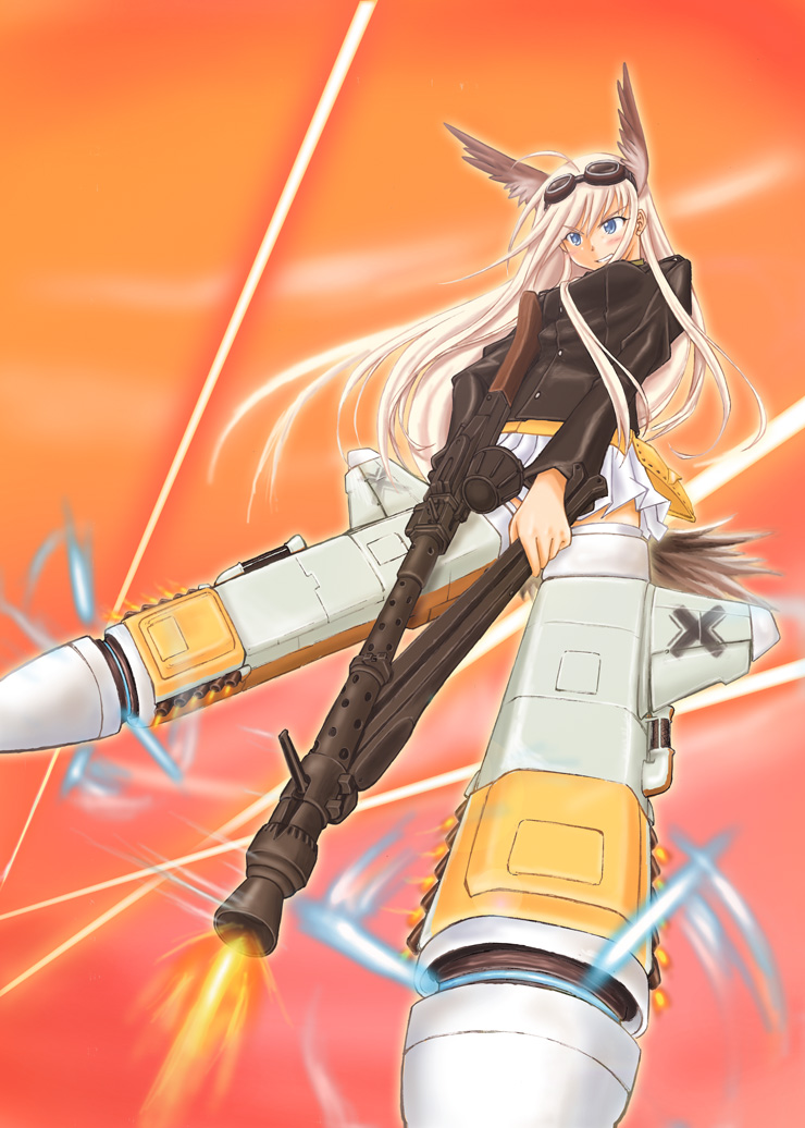 blue_eyes blush goggles goggles_on_head grin gun hanna-justina_marseille head_wings lasers long_hair masana_hatuse military military_uniform perspective skirt smile strike_witches striker_unit tail uniform weapon