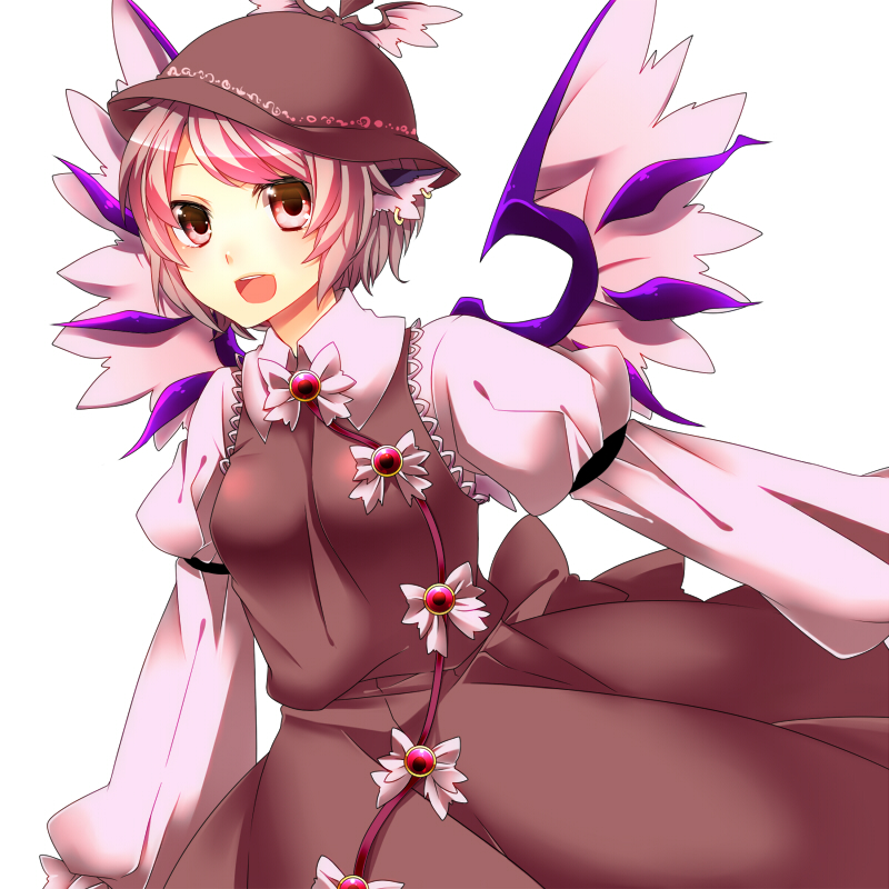 absurdres alternate_wings animal_ears bad_id breasts earrings hat jewelry mystia_lorelei open_mouth outstretched_arms pink_eyes pink_hair simple_background smile solo spread_arms touhou wings yutazou