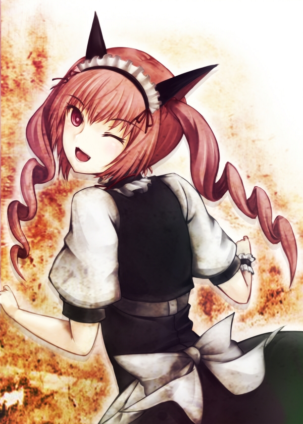 ;d cofi_(eternal) drill_hair eternal fang faris_nyannyan from_behind looking_back maid_headdress open_mouth pink_eyes pink_hair smile solo steins;gate twin_drills twintails wink