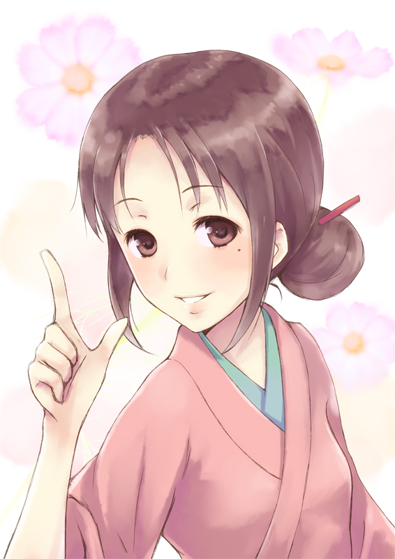 blush brown_hair face flower grin hair_bun hair_ornament hanasaku_iroha japanese_clothes kyuri mole smile wajima_tomoe