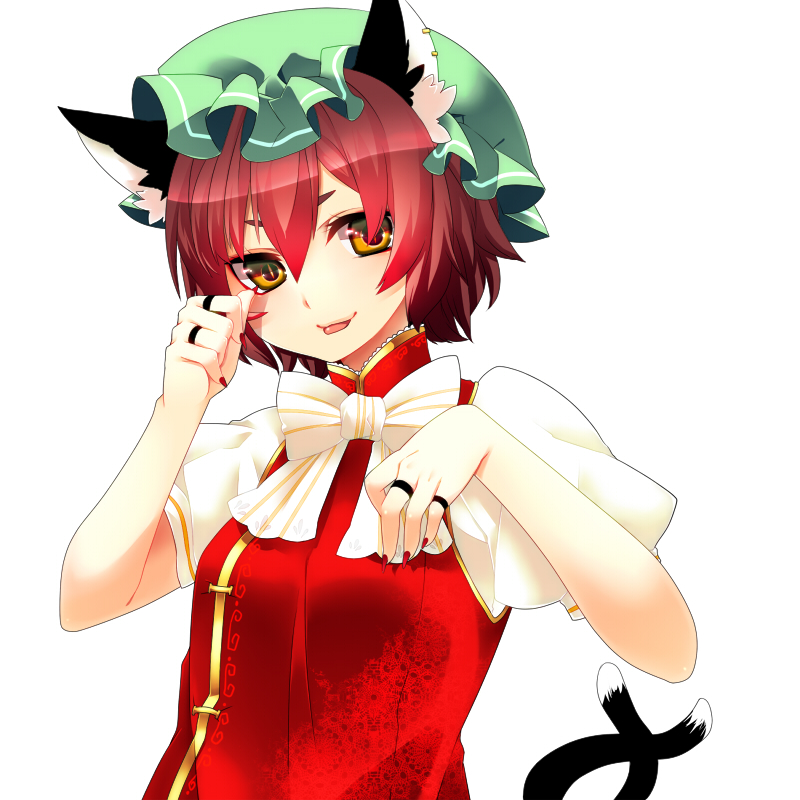animal_ears bad_id blush bowtie brown_hair bust cat_ears cat_tail chen embellished_costume hat multiple_tails nail nail_polish orange_eyes short_hair simple_background solo tail touhou white_background yutazou