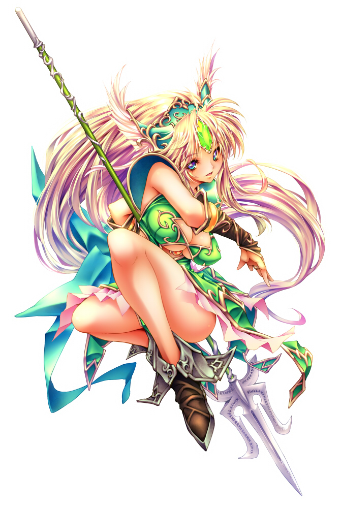 144_(riesztan) 1girl armor blonde_hair blue_eyes breasts bridal_gauntlets cleavage cleavage_cutout forehead_jewel helmet large_breasts long_hair open_mouth polearm riesz seiken_densetsu seiken_densetsu_3 simple_background skirt solo spear very_long_hair weapon white_background winged_helmet