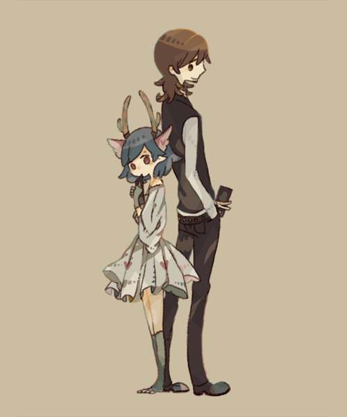 1girl antlers back-to-back blue_hair brown_hair c_(control) c_the_money_of_soul_and_possibility_control couple dress gloves green_legwear head_wings height_difference hm0say ie_(niwaniwa) kneehighs midas_money mikuni_souichirou money pointy_ears q_(control) short_hair simple_background size_difference