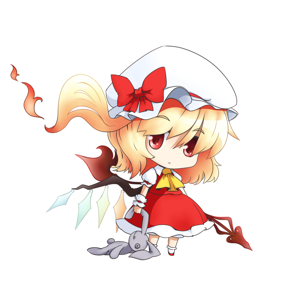 blonde_hair bunny chibi dress ear_grab fire flame flandre_scarlet hat laevatein musashino_udon plush_toy rabbit red_dress red_eyes side_ponytail solo the_embodiment_of_scarlet_devil touhou wings
