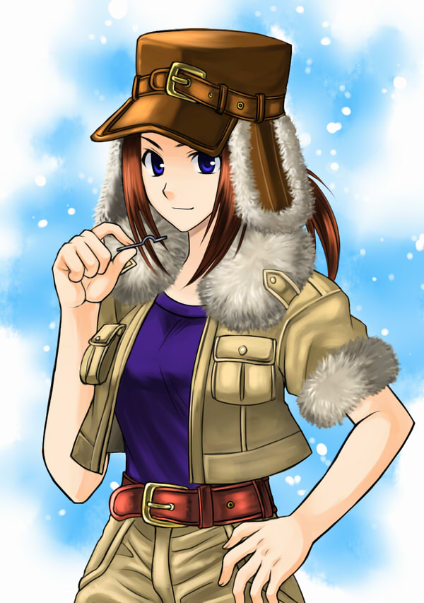 alta_(culdcept) belt blue_eyes brown_hair culdcept fur jacket khakis lockpick