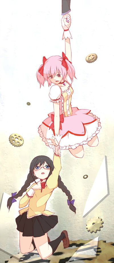 akemi_homura bad_id black_hair bow braid gears glasses hair_bow hand_holding holding_hands kaname_madoka kneehighs loafers magical_girl mahou_shoujo_madoka_magica open_mouth pink_eyes pink_hair purple_eyes red-framed_glasses school_uniform shoes short_twintails tsuchifumazu twin_braids twintails violet_eyes