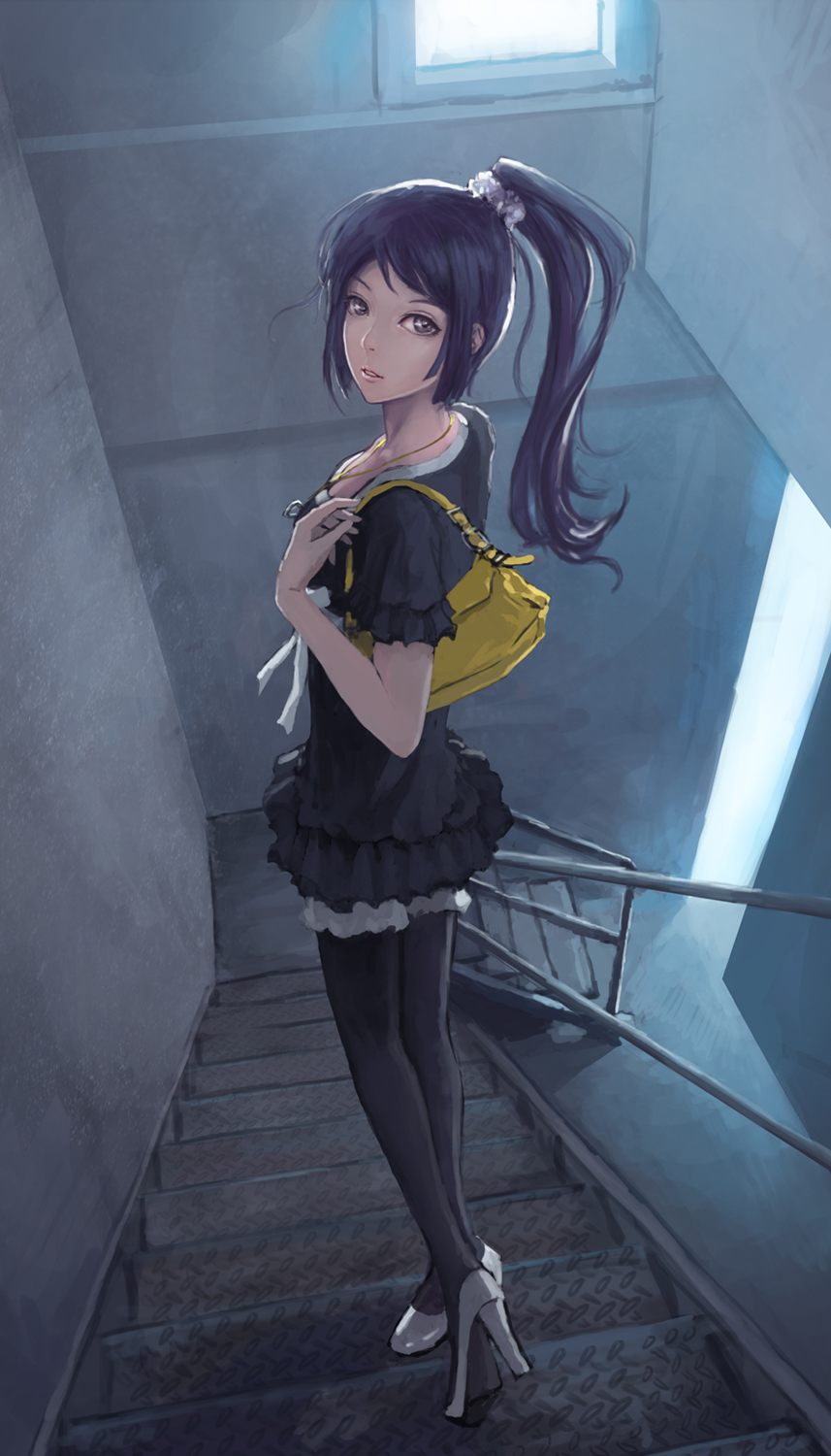 bakemonogatari black_hair black_legwear gjred highres legs legwear_under_shorts lips long_hair looking_back monogatari_(series) pantyhose ponytail senjougahara_hitagi shorts solo stairs