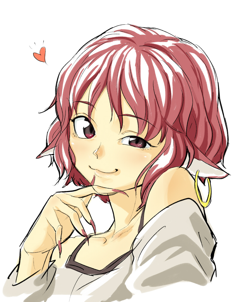 :3 animal_ears blush brown_eyes earrings face fingernails hands heart jewelry lips long_fingernails mystia_lorelei no_hat no_headwear off_shoulder pink_hair shiba_itsuki short_hair simple_background sketch smile smirk solo squinting touhou uneven_eyes white_background