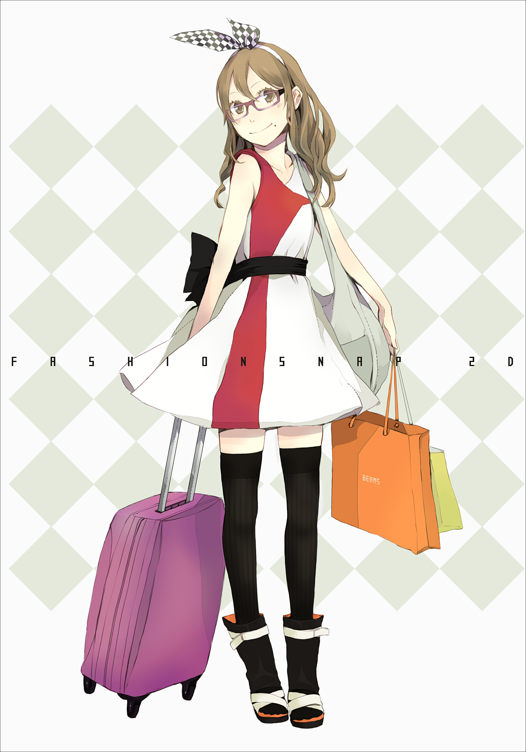 bag bare_shoulders black_legwear boots bow brown_eyes brown_hair checkered checkered_background dress fashion glasses hair_bow highres long_hair mole original sleeveless smile solo standing suitcase thigh-highs thighhighs wavy_hair yoshito