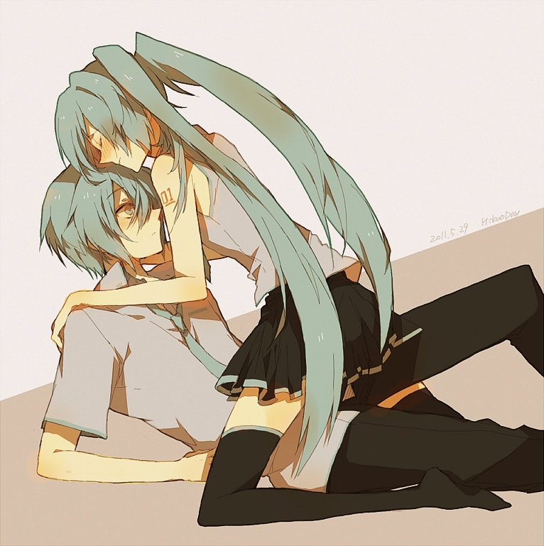 closed_eyes eyes_closed genderswap green_eyes green_hair hatsune_miku hatsune_mikuo long_hair necktie ren_(pixiv) skirt straddle thigh-highs thighhighs twintails very_long_hair vocaloid