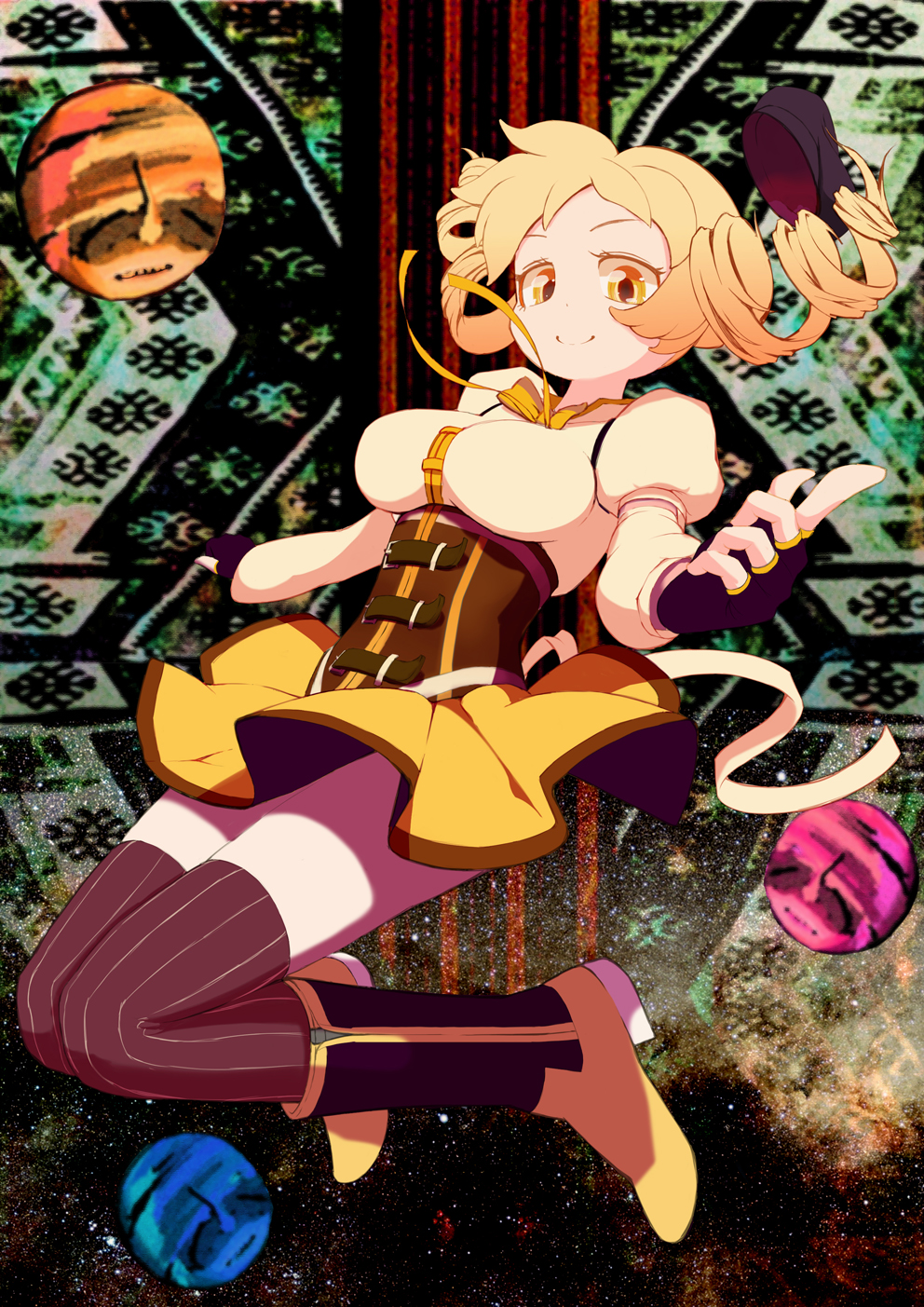 beret blonde_hair boots breasts corset detached_sleeves drill_hair fingerless_gloves gloves hat hieda_yawe highres jumping large_breasts magical_girl mahou_shoujo_madoka_magica notsyzygy point pointing puffy_sleeves ribbon skirt smile solo thigh-highs thighhighs tomoe_mami twin_drills twintails vertical-striped_legwear vertical_stripes yellow_eyes zettai_ryouiki